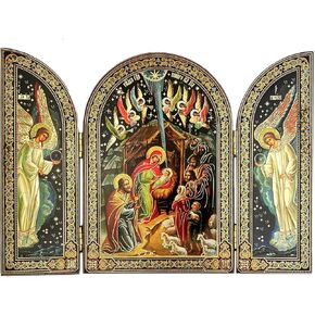 Needzo Nativity Triptych Angels, Doors with Crosses Christmas Decoration, Orthodox Catholic Nativity Scene Icon 6 1/4 Inch