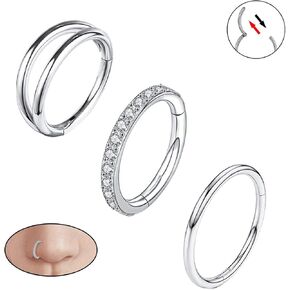 3pcs Nose Rings Hoops 316L Surgical Steel Double Hoop Nose Rings 16G/18G Hinged CZ Conch Piercing Jewelry Septum Clicker Lip Rings Cartilage Earring Helix Rook Tragus Daith 7mm 8mm 9mm