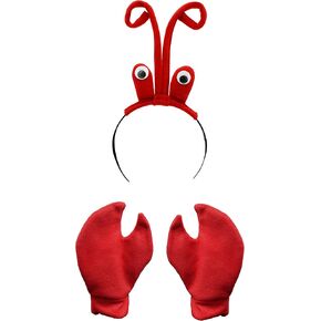 Nicky Bigs Novelties Lobster Antenna Headpiece With Eyeballs, Crab Claws Gloves Headband Mitt Kit - Crawfish Costume Accessories Set Red, One Size