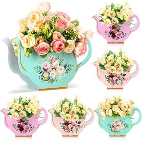 Jexine 6 Pcs Tea Party Decorations Floral Teapot Flower Vase Boxes Centerpiece Vintage Teapot Vase for Princess Birthday Wedding Anniversaries