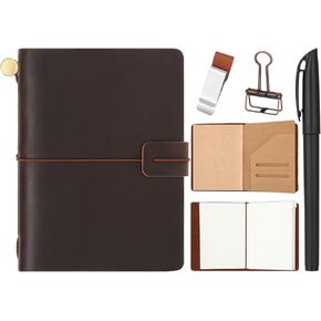 Thenshop Travelers Refillable Leather Journal Notebook 5.3 x 4.1 Inch Brown Travel Diary Handmade Passport Travelers Journal for Men and Women with 3 Notebook Inserts, Pen Holder, Binder Clip