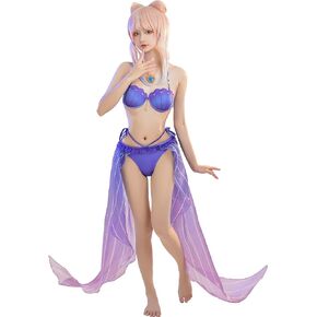 MEOWCOS Women's Bikini Sets Kawaii Shell Ruffle Pearl Two-Piece Bathing Suit Swimwear with Necklace Wrap Skirt