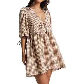 PINUPART Women's Casual Tie Front Puff Sleeve Mini Gingham Dress