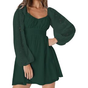 Womens Elegant Wedding Guest Dress Square Neck Lantern Long Sleeve A Line Flowy Cocktail Party Mini Dresses