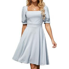 Square Collar Aline Dresses for Women Work Puff Half Sleeve Fit and Flare Business Casual Dress with Pockets