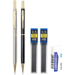 2 Pcs 0.5mm Metal Mechanical Pencils and 2 Boxes of Refills and 1 Eraser, Gold Silver Pencils for School Writing Business Office Supplies