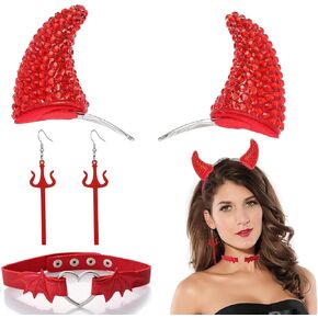 Halloween Devil Costume Accessory Devil Horns Hair Clips Devil Choker Necklace Earrings for Women Halloween Dress Up Cosplay Accessories