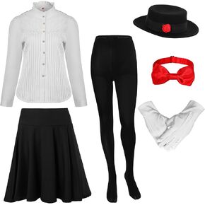 Crowye 6 Pcs Halloween Women's Magical English Nanny Costume Set Long Sleeve Women Shirts Skirt Black Tights Accessory Kit