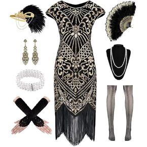 فساتين WILDPARTY 1920s للنساء، فساتين كوكتيل مطرزة بالترتر مع مجموعة إكسسوارات 20s