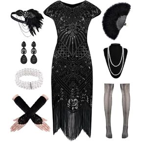 WILDPARTY 1920s Dresses for Women, Sequin Flapper Dresses Vintage Fringed Cocktail Dress with 20s Accessories Set