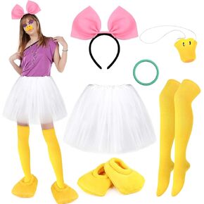 Honic 6 Pcs Halloween Duck Costume Accessories Set Women Big Pink Bowknot Headband Duck Nose Mask Duck Feet Slippers Yellow Socks Rubber Bracelet Tutu Skirt for Party Dress up Cosplay