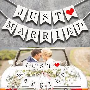 Just Married Car Decorations, Just Married Car Wedding Banner Car Decoration, Just Married Sign Banner Car Decorations Fit for Honeymoon Wedding, Photo Props and Car Decorations