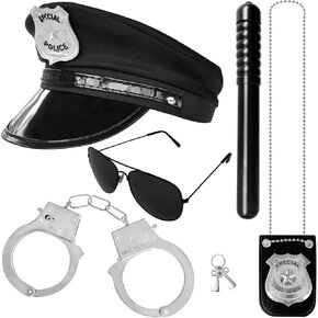 Bvrbaory 5PCS Police Pretend Costume Accessories,Police Pretend Play Toy Set for Kids,Mens Police Officer Accessory with Policeman Hat,Sunglass Handcuffs for Halloween Dress Up Costumes