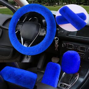 1 Set 6 Pcs Fluffy Car Steering Wheel Cover & Seat Belt Shoulder Pads & Handbrake Cover & Gear Shift Cover Set & Seat Belt Shoulder Pads Faux Wool Universal Fit Car Interior Accessories (Blue)
