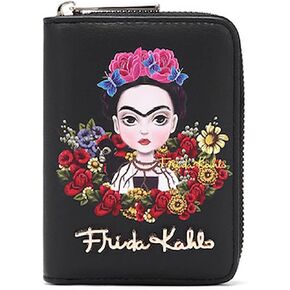 Frida Kahlo Cartoon Flower Collection Cute Zip Wallet (Black)