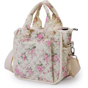 Small Floral Quilted Tote Bag for Women, Cute Crossbody Shoulder Purse with Pockets, Everyday Handbags