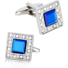 YARIEW Blue Cufflinks for Men, Silver Plated Crystal Cufflinks for Groom Luxurious Cuff links Shirt and Tux Shirt Accessories Men's Cuff Links for Formal Business Wedding Birthday Christmas Gift