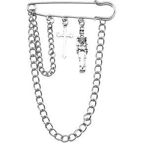 Punk Gothic Brooch Pin Chain Long Tassel Goth Halloween Brooch Collar Pins Safety Pin for Clothes Fashion Cross Skeleton Charm Styling Y2K Punk Accessories Stuff for Women Men Decorative Pins