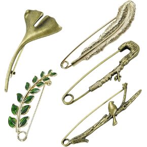 5 Pieces Vintage Leaf Branch Brooches Big Alloy Safety Pins for Scarf Skirt Blanket Dress Bag Decorations