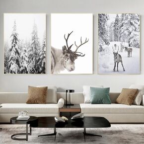 Reindeer Prints Animal Poster Winter Canvas Wall Art 3 Piece Nordic Christmas Snow Covered Trees Home Decor Artwork Christmas Wall Art Reindeer Poster Print Nordic Room Decor 16x24inchx3 Unframed