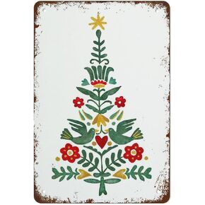 Scandinavian Christmas Print, Watercolor Christmas Tree, Christmas Decoration, Holiday Decor, Norwegian Folk Art Print Swedish Polish Danish Funny Vintage Metal Tin Sign for Home Coffee 12 x 8 Inch