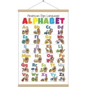 American Sign Language Poster Framed; ASL Wall Art Canvas Hanging Poster; ASL Alphabet Teaching Aid Alphabet Chart for Kids; Education Decor for Home; Kids Room; Dorm (Style 3, 16"x24" Framed)