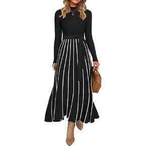 ZESICA Womens 2024 Fall Turtleneck Long Sleeve Sweater Dress Tie Waist Casual Loose Ribbed Knit A Line Midi Dresses