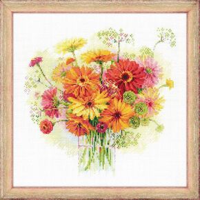 Riolis 1485 - Watercolor Gerberas - Counted Cross Stitch Kit 11¾" x 11¾" Zweigart 14 ct. White AIDA 22 Colors