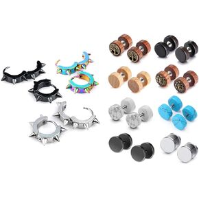 JOVIVI Bundle - 2 Items Men Women Stainless Steel Spike Hoop Punk Earrings + Wood Faux Gauge Earrings Illusion Cheater Plug Barbell Stud Earrings