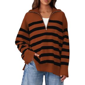 WIHOLL Womens Sweaters Long Sleeve Casual Half Zip Lapel Collar Stripe Pullover Tops Side Slit Sweaters Fashion Clothes
