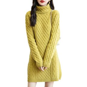 Women's Turtleneck 100% Merino Wool Sweater Dress 2024 Fall Winter Casual Long Sleeve Cable Knit Long Sweater