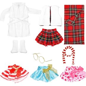 Sumind 10 Pieces Christmas Elf Doll Clothes Accessories Santa Elf Clothing Includes Plaid Elf Accessories with Skirts Nightgown Sleeping Bag Scarf Socks and More(Cute Style)