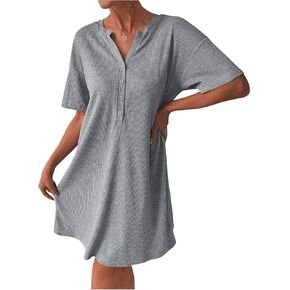 MakeMeChic Women's Button Front Nightgowns Short Sleeve Loose Comfy Pajama Nightdress