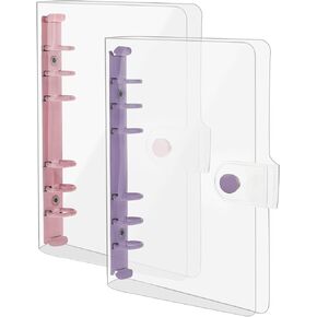 2 Pack A6 Soft PVC 6 Rings Binder, Clear Budget Binder, Refillable Planner Binder, Round Ring Binder Cover 6 Ring Binder Soft Binder with Snap Button Closure for Refillable Notebook