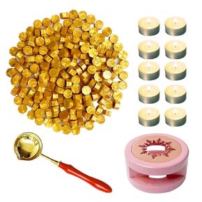 Wax Seal Warmer Kit, 200pcs Gold Wax Seal Beads, Spoon and Tealight Candles for Envelopes Mail and Wedding Invitations (Pink)