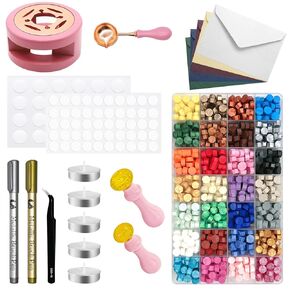 985Pcs Wax Seal Kit Contains 28 Colors Sealing Wax Beads, Wax Seal Stamps, Sealing Wax Warmer, Envelope, Wax Seal Metallic Pen for Gift DIY Craft Adhesive Wax
