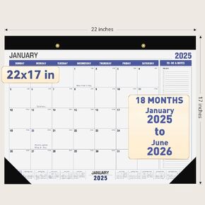 2025-2026 Large Monthly Desk Calendar, 22" x 17",18months runs from Jan.2025 to June.2026, Big wall calendar with To-do List&NOTES,Corner Protector, for Home and Office-Simple