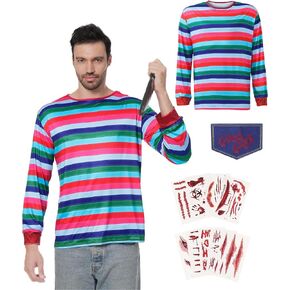 Halloween Costume T-Shirt for Men Spooky Stylish Striped Long Sleeve(M)