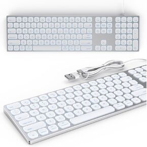 Aluminum Backlit Keyboard for Mac OS,Plug-N-Play, USB-A/USB-C Wired Keyboard with Numeric Keypad for iMac/Mac Mini or MacBook Laptop-White