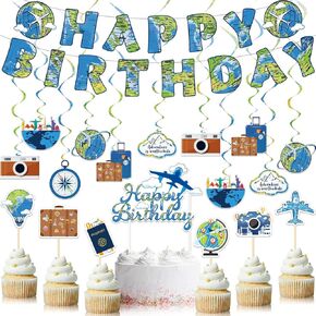 Zonon 38 Pieces Travel Theme Birthday Party Decorations The Place You'll Go Birthday Banner Let The Adventure Begin Hanging Swirls Bon Voyage Cake Toppers for Birthday Baby Shower Party Supplies
