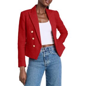 Cicy Bell Women Double Breasted Cropped Blazer Jackets Lapel Open Front Long Sleeve Business Suit Jackets with Pocket Red
