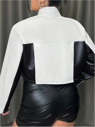 MakeMeChic Women's Plus Size PU Leather Crop Moto Jacket Color Block Long Sleeve Zip Up Outerwear in Saudi Arabia