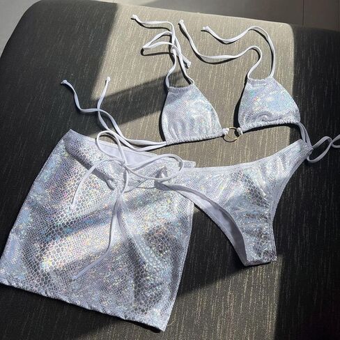 Women's 3 Piece Snakeskin Print Metallic Bikini Sexy Halter Backless Swimsuit Festival Outfit with Drawstring Mini Skirt in Saudi Arabia