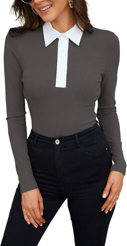 WOSALBA Womens Polo Shirts Fall Clothes for Women Lapel Collared V Neck Long Sleeve Tee Shirt in Saudi Arabia