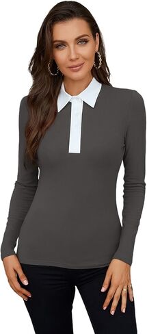 WOSALBA Womens Polo Shirts Fall Clothes for Women Lapel Collared V Neck Long Sleeve Tee Shirt in Saudi Arabia