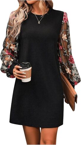 MakeMeChic Women's Elegant Floral Print Contrast Mesh Sheer Lantern Sleeve Dresses Crew Neck Tunic Dresses in Kuwait