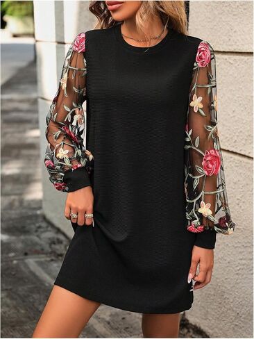 MakeMeChic Women's Elegant Floral Print Contrast Mesh Sheer Lantern Sleeve Dresses Crew Neck Tunic Dresses in Kuwait