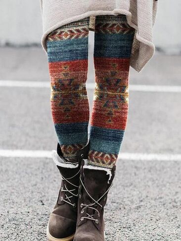 Women's Leggings Brushed Ankle Tight Pants Western Aztec Printed Tummy Control Leggings,R#Geometric,L in Saudi Arabia