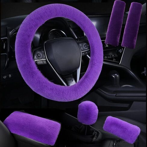 1 Set 6 Pcs Fluffy Car Steering Wheel Cover & Seat Belt Shoulder Pads & Handbrake Cover & Gear Shift Cover Set & Seat Belt Shoulder Pads Faux Wool Universal Fit Car Interior Accessories (Blue) in Saudi Arabia