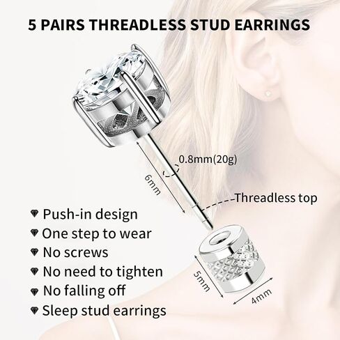 Surgical Stainless Steel Stud Earrings Push-in Threadless Flat Back Stud Earrings Hypoallergenic Cubic Zirconia Earrings Studs Set Multi-Pack, CZ Studs Earrings Trendy Cartilage Stud Earrings 3-8mm for Women Men in Saudi Arabia